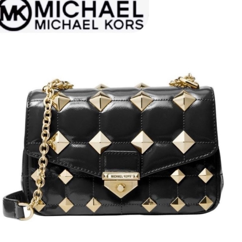 Michael Kors Black Patent Leather Crossbody Bag with Gold Studs & Chain